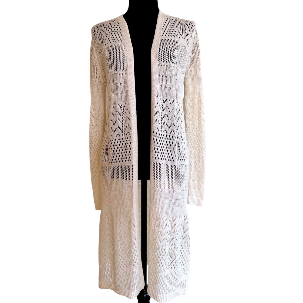 Coastal‎ Cowgirl Boho Chic Size Medium Cream White Maxi Crochet Duster Cardigan
